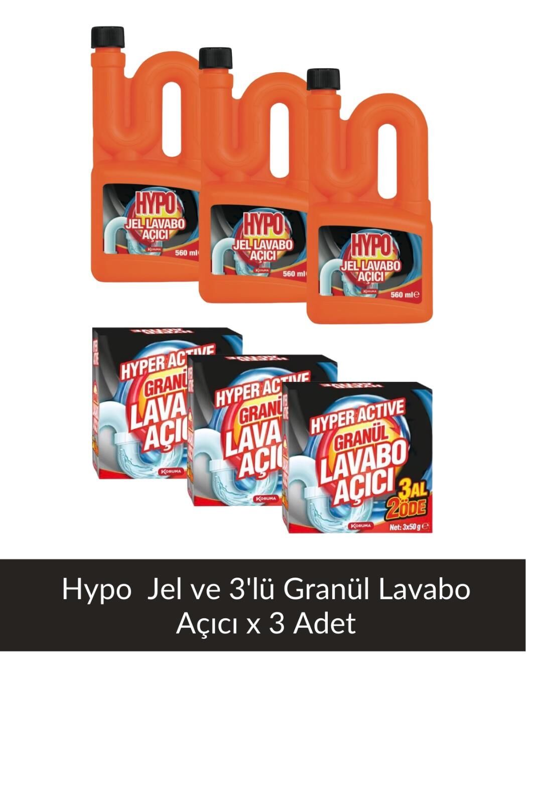 Hypo Granül Lavabo Açıcı 3*50 gr x 3 Adet+ Hypo Lavabo Açıcı Jel 560 ml x 3 Adet