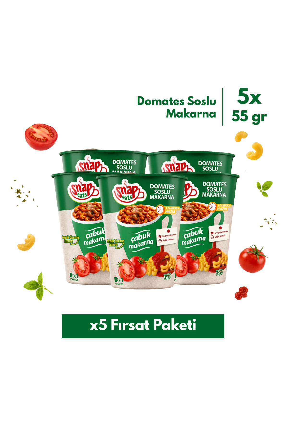 Snap Eats Hazır Makarna | Domates Soslu Çabuk Makarna | 65 gr | 5'li Fırsat Paketi
