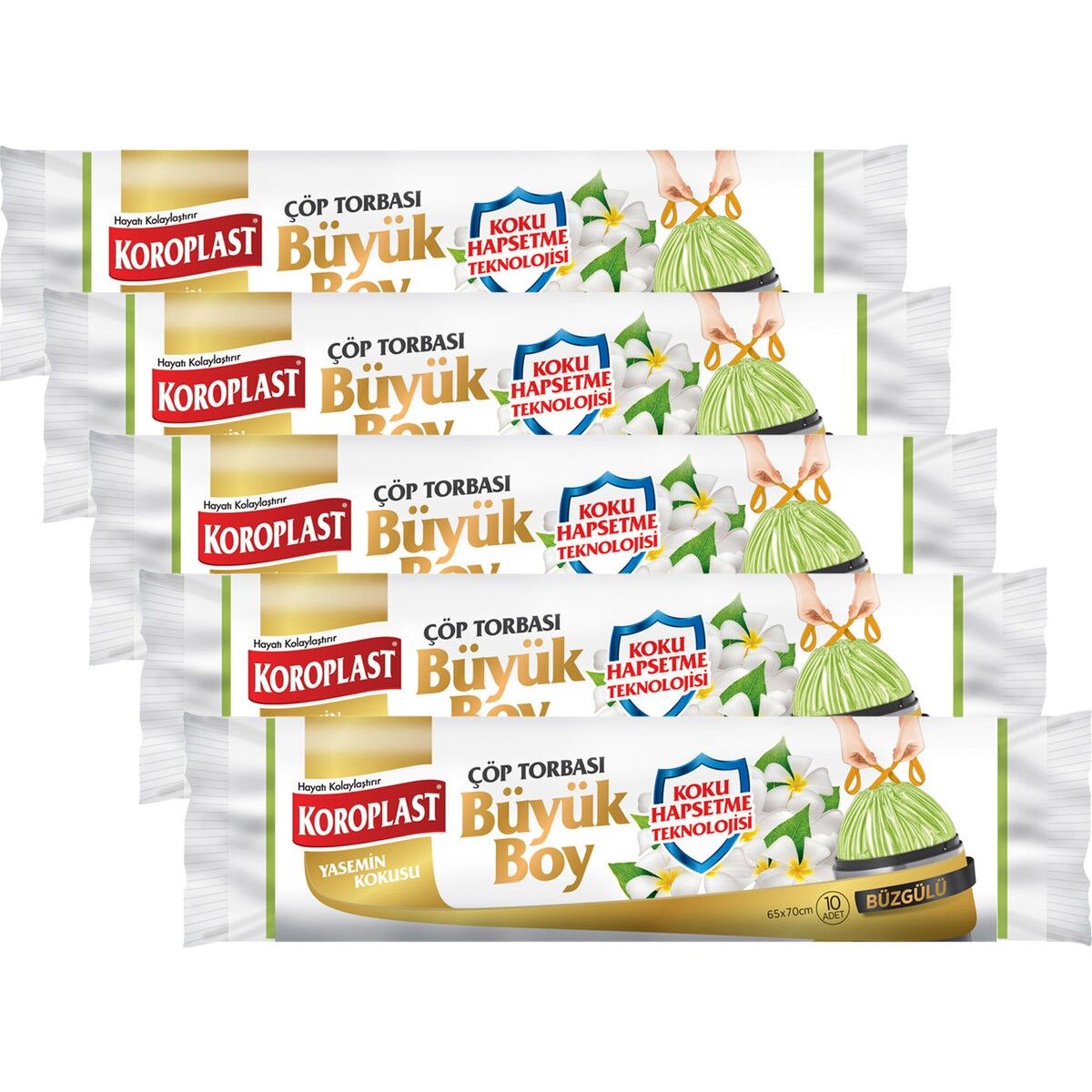 Koroplast Koku Hapsetmeli Büyük Boy Yasemin Kokulu Büzgülü Çöp Torbası 65X70CM - 10'lu x 5 Adet Avantajlı