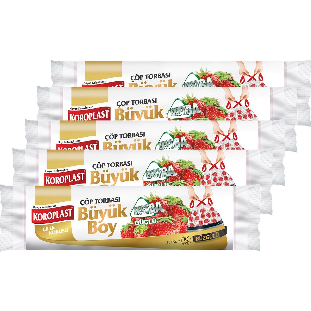 Koroplast Ekstra Güçlü Büyük Boy Çilek Kokulu Büzgülü Çöp Torbası 65X70CM - 10'lu x 5 Adet Avantajlı