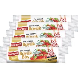 Koroplast Ekstra Güçlü Büyük Boy Çilek Kokulu Büzgülü Çöp Torbası 65X70CM - 10'lu x 5 Adet Avantajlı