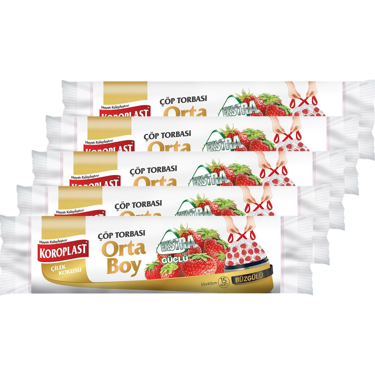 Koroplast Ekstra Güçlü Orta Boy Çilek Kokulu Büzgülü Çöp Torbası 55X60CM - 15'li x 5 Adet Avantajlı