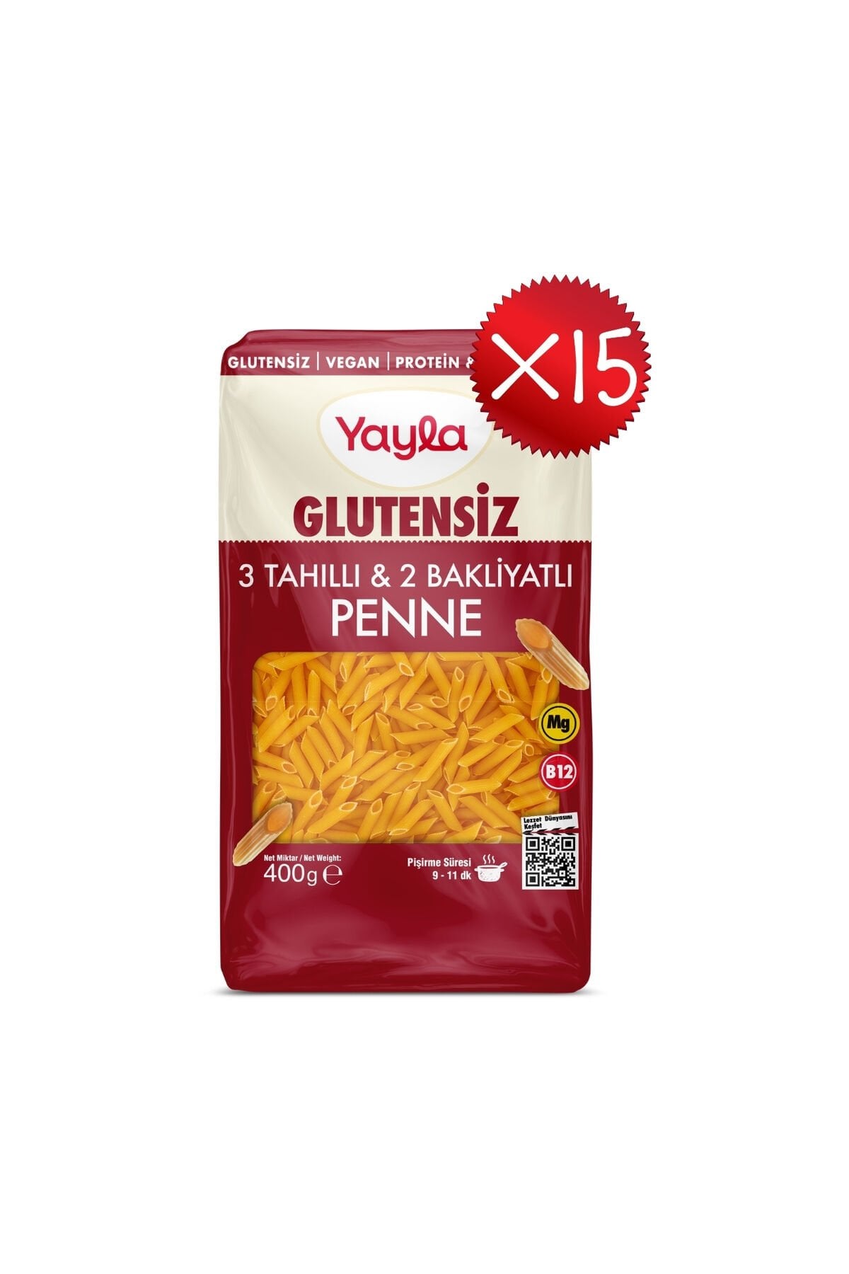 Yayla Glutensiz 3 Tahıllı ve 2 Bakliyatlı Penne Makarna 400 g x15