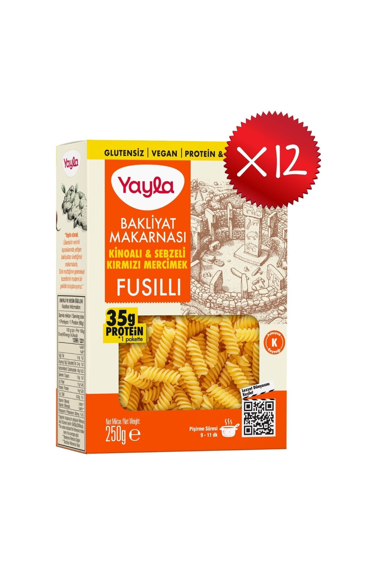 Yayla Kinoalı ve Sebzeli Kırmızı Mercimek Fusilli Bakliyat Makarnası 250 g x12