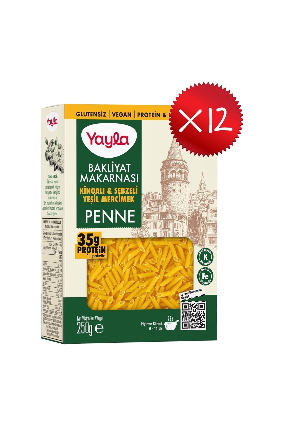Yayla Kinoalı ve Sebzeli Yeşil Mercimek Penne Bakliyat Makarnası 250 g x12
