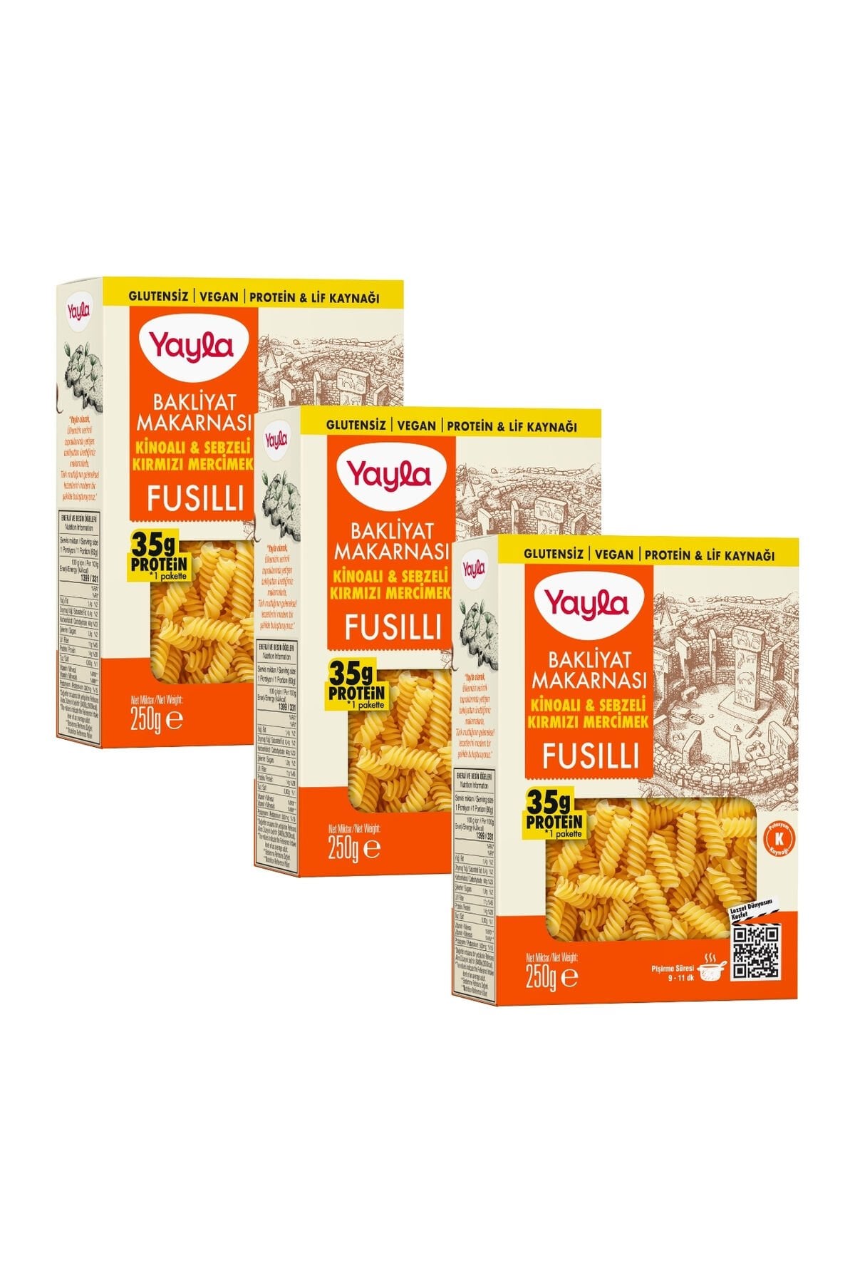 Yayla Kinoalı ve Sebzeli Kırmızı Mercimek Fusilli Bakliyat Makarnası 250 g x3