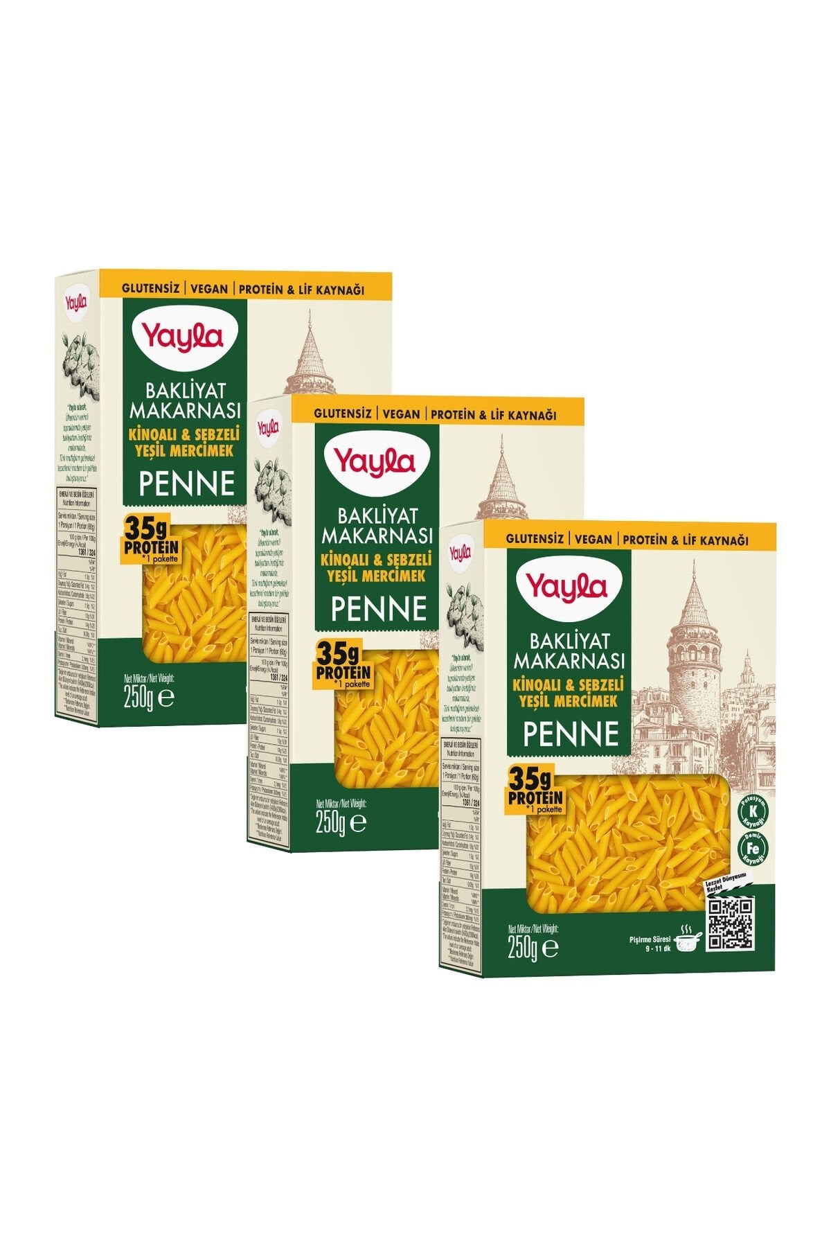 Yayla Kinoalı ve Sebzeli Yeşil Mercimek Penne Bakliyat Makarnası 250 g x3