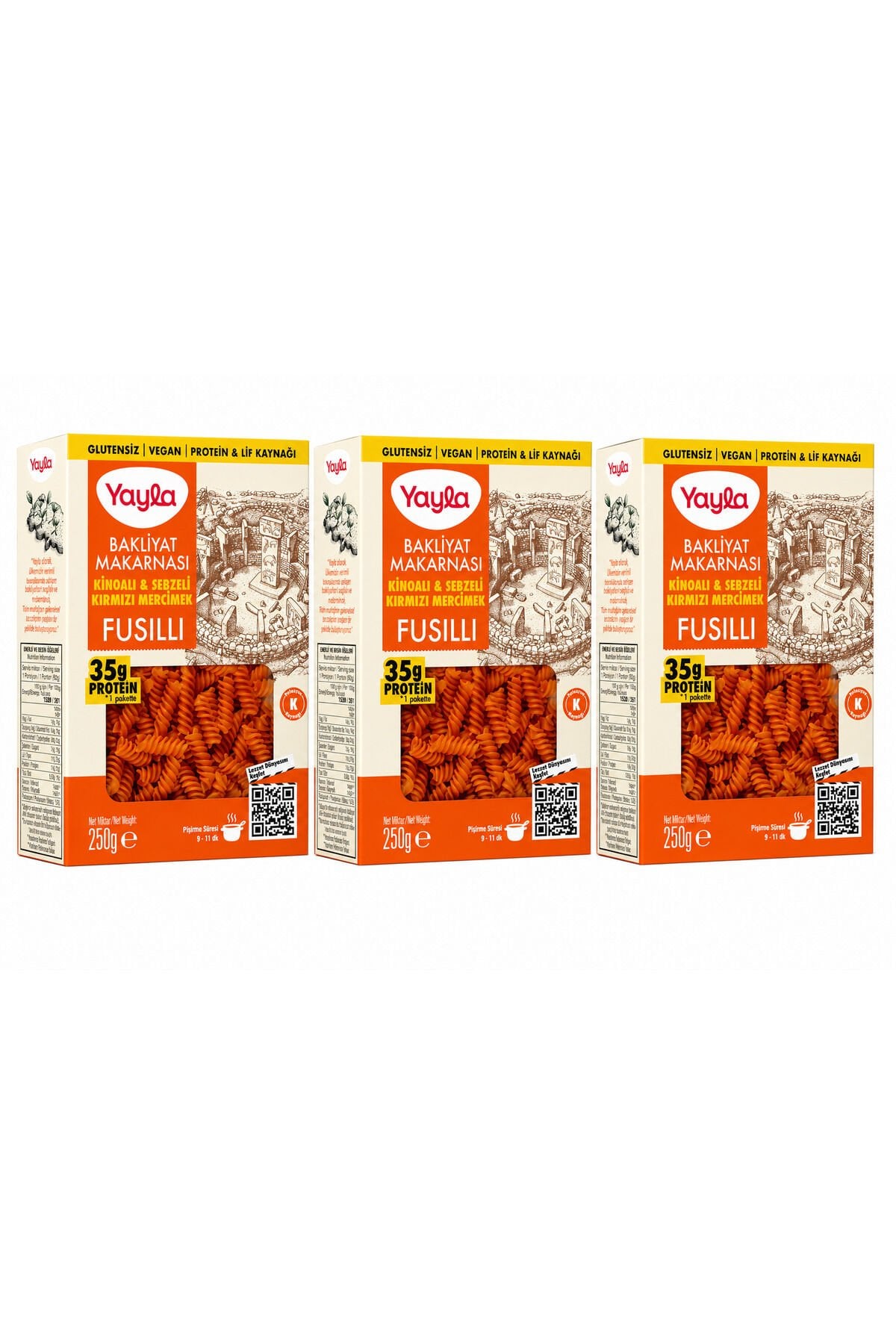 Yayla Kinoa ve Sebzeli Kırmızı Mercimek Makarnası - Glutensiz & Vegan Fusilli 3 lü paket
