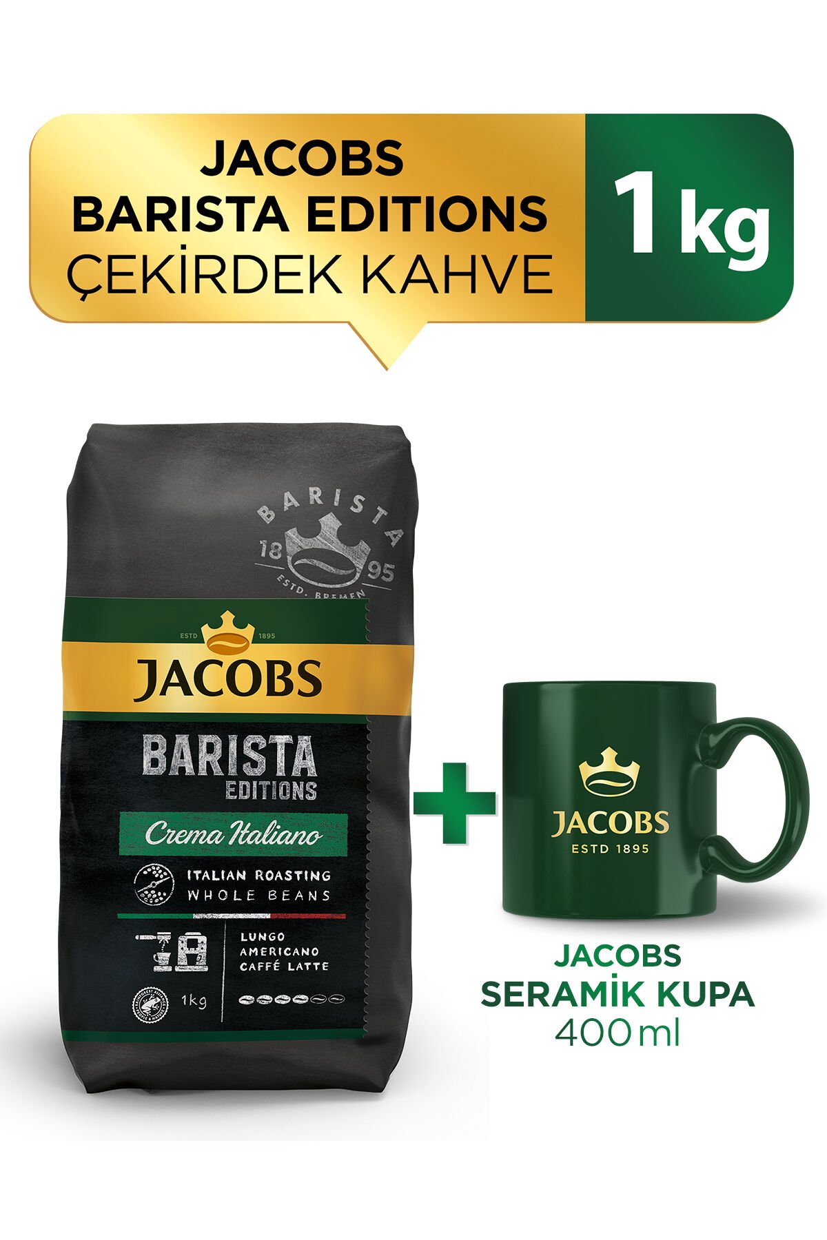 Jacobs Barista Editions Çekirdek Kahve Crema Italiano 1kg + Jacobs Seramik Kupa 400 ml